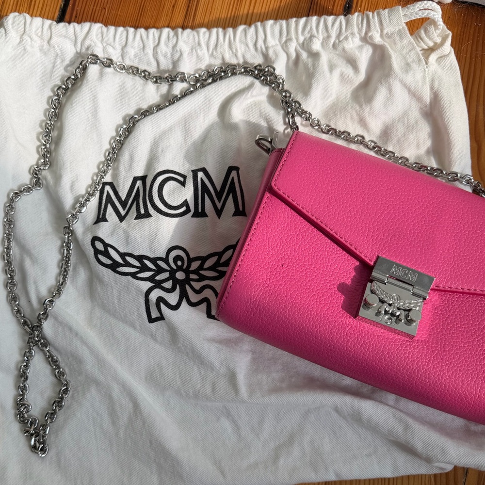 MCM Vibrant Pink Leather Clutch with Chain